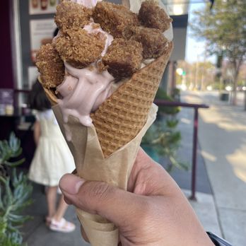 Yoga-urt - Birthday cake & strawberry serenity topped with vanilla cake on a waffle cone.  $12.50 - Ice Cream & Frozen Yogurt Near Me - Glendale, California