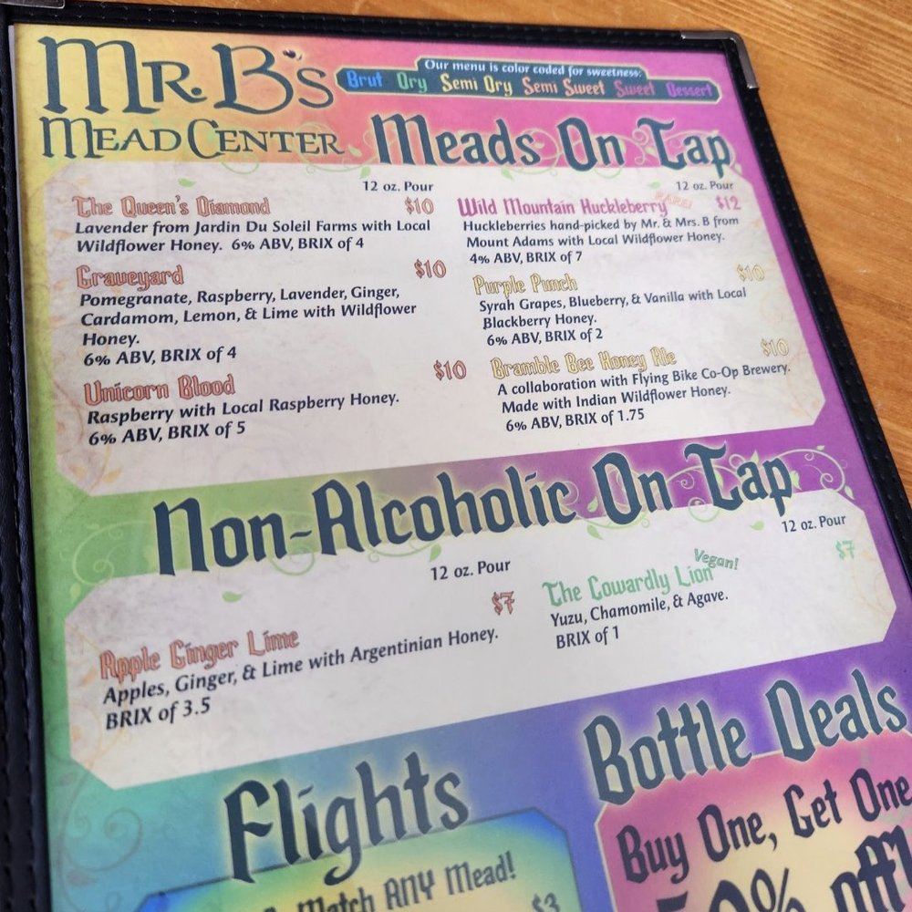 Mr B's Mead Center - Some of the mead on menu that was on tap when we visited here. We sampled most of it. - Meaderies Near Me - Seattle, Washington Mr B's Mead Center - Some of the mead on menu that was on tap when we visited here. We sampled most of it. - Meaderies Near Me - Seattle, Washington