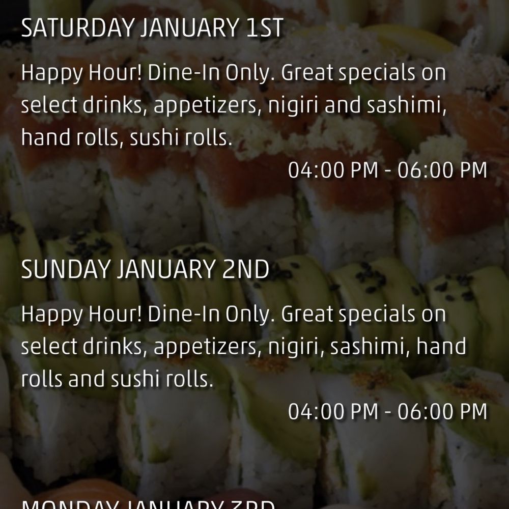 Sushi Lounge - Poway - We're told "I don't control the website but we're not doing Happy Hour since it's a holiday." - Sushi Bars Near Me - Poway, California
