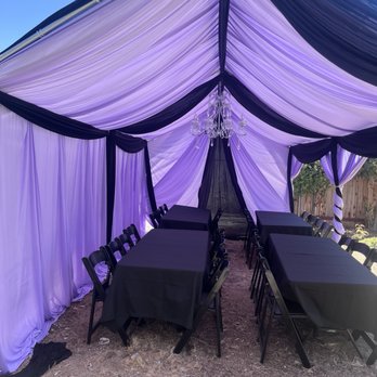 Blue Kangaroo Party Rentals - Petite Veil package sitting for 30 people. 4 tables 30 chairs and chandelier - Bounce House Rentals Near Me Blue Kangaroo Party Rentals - Petite Veil package sitting for 30 people. 4 tables 30 chairs and chandelier - Bounce House Rentals Near Me