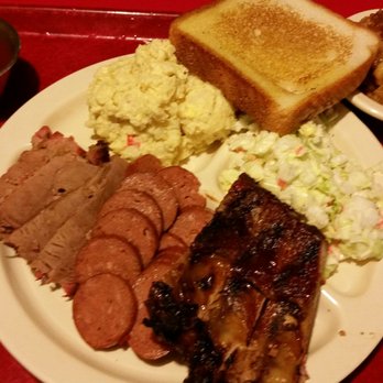 Marshall's Bar-B-Q - 3 meat plate (ribs, sausage & brisket) with potato salad and Cole slaw - Barbeque Near Me - Farmers Branch, Texas Marshall's Bar-B-Q - 3 meat plate (ribs, sausage & brisket) with potato salad and Cole slaw - Barbeque Near Me - Farmers Branch, Texas