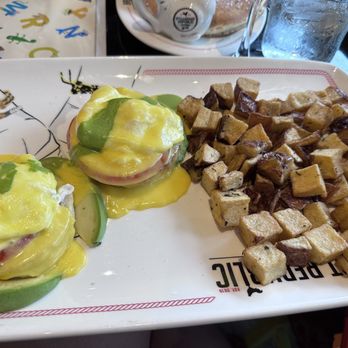 Breakfast Republic - Traditional Benedict with house potatoes, minus ham add tomato and avocado - Breakfast & Brunch Near Me - Culver City, California Breakfast Republic - Traditional Benedict with house potatoes, minus ham add tomato and avocado - Breakfast & Brunch Near Me - Culver City, California
