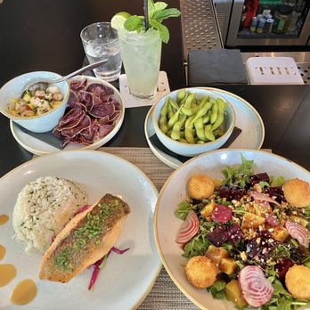 The Dotted Line - Shrimp Kinlaw ceviche, gold & red beet salad, and miso yuzu salmon - Breakfast & Brunch Near Me - Honolulu, Hawaii