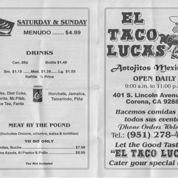 El Taco Lucas - menu, part 1 - Mexican Near Me - Corona, California El Taco Lucas - menu, part 1 - Mexican Near Me - Corona, California