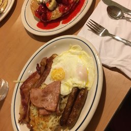 Sampler platter with strawberry banana pancakes! Sampler platter with strawberry banana pancakes!
