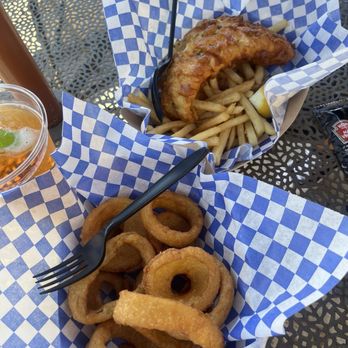 Charli's Landing - Fish and chips top, onion rings bottom - American Near Me - San Diego, California Charli's Landing - Fish and chips top, onion rings bottom - American Near Me - San Diego, California