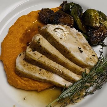Mint Personal Chef - Rosemary & Thyme Roasted Chicken, Honey dijon roasted brussel sprouts & sweet potato mash - Personal Chefs Near Me