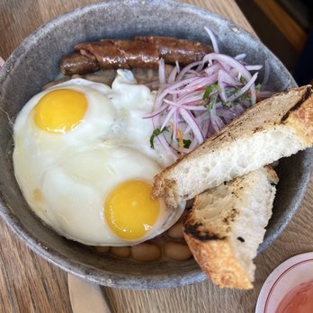 Llama Inn - Pork sausage, beans and eggs - Peruvian Near Me - Brooklyn, New York Llama Inn - Pork sausage, beans and eggs - Peruvian Near Me - Brooklyn, New York