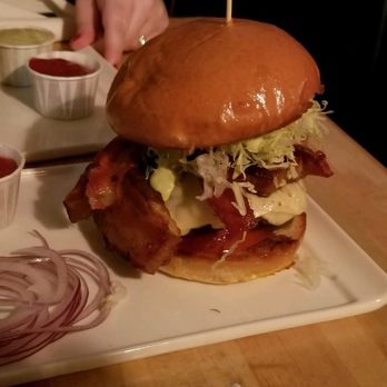 Nosh Kitchen Bar - Classic burger w/pork belly & bacon and poblano mayo! DROOL!! - Sandwiches Near Me - Portland, Maine Nosh Kitchen Bar - Classic burger w/pork belly & bacon and poblano mayo! DROOL!! - Sandwiches Near Me - Portland, Maine