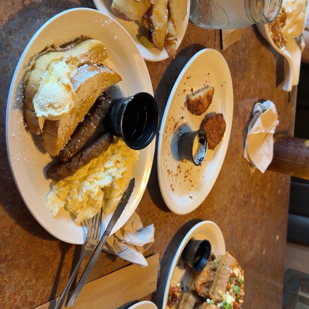Huckleberry's - Huck's Huck's Combo on the bottom, Country Reds, Stacked Chicken & Waffles, Fried Green Tomatoes, Swamp Tea - Breakfast & Brunch Near Me - Fairfield, California