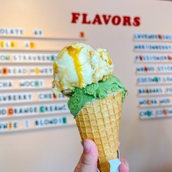 Fifty Licks - Lavendar Salted Caramel (on top) and Matcha Mochi (bottom) in a cone! - Ice Cream & Frozen Yogurt Near Me - Portland, Oregon Fifty Licks - Lavendar Salted Caramel (on top) and Matcha Mochi (bottom) in a cone! - Ice Cream & Frozen Yogurt Near Me - Portland, Oregon