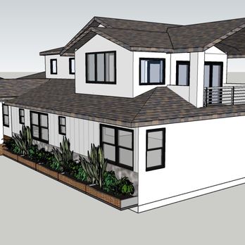 Davis Property Development - A 3D architectural visualization of a contemporary residential house with two stories, a gabled roof, and multiple windows. The design includes a balcony on the upper level and landscaped plants along the side of the house. The model emphasizes structural details and exterior features, suitable for architectural planning and client presentations. - General Contractors Near Me - Pasadena, California