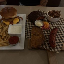 BBQ Bacon Burger Baby Back Ribs Pulled Pork Andouille Sausage Plate Country Cornbread BBQ Bacon Burger Baby Back Ribs Pulled Pork Andouille Sausage Plate Country Cornbread