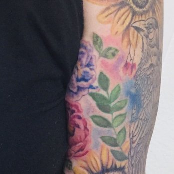 Divine Tattoo Collective - Half sleeve tattoo. Watercolor, sunflower, Raven, lion, Mandala. - Tattoo Near Me - Stanton, California Divine Tattoo Collective - Half sleeve tattoo. Watercolor, sunflower, Raven, lion, Mandala. - Tattoo Near Me - Stanton, California