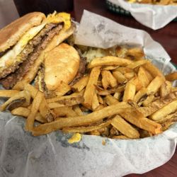 Closed On Sundays - COSmic smash burger... so good!  Two patties, egg, grilled onions, potato smash, with fresh home cut fries.  All perfectly done.