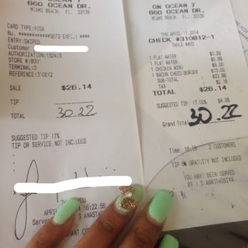 On Ocean 7 Cafe - Ripoff! Server filled in our total when it clearly states that gratuity is NOT included. - New American Near Me - Miami Beach, Florida On Ocean 7 Cafe - Ripoff! Server filled in our total when it clearly states that gratuity is NOT included. - New American Near Me - Miami Beach, Florida