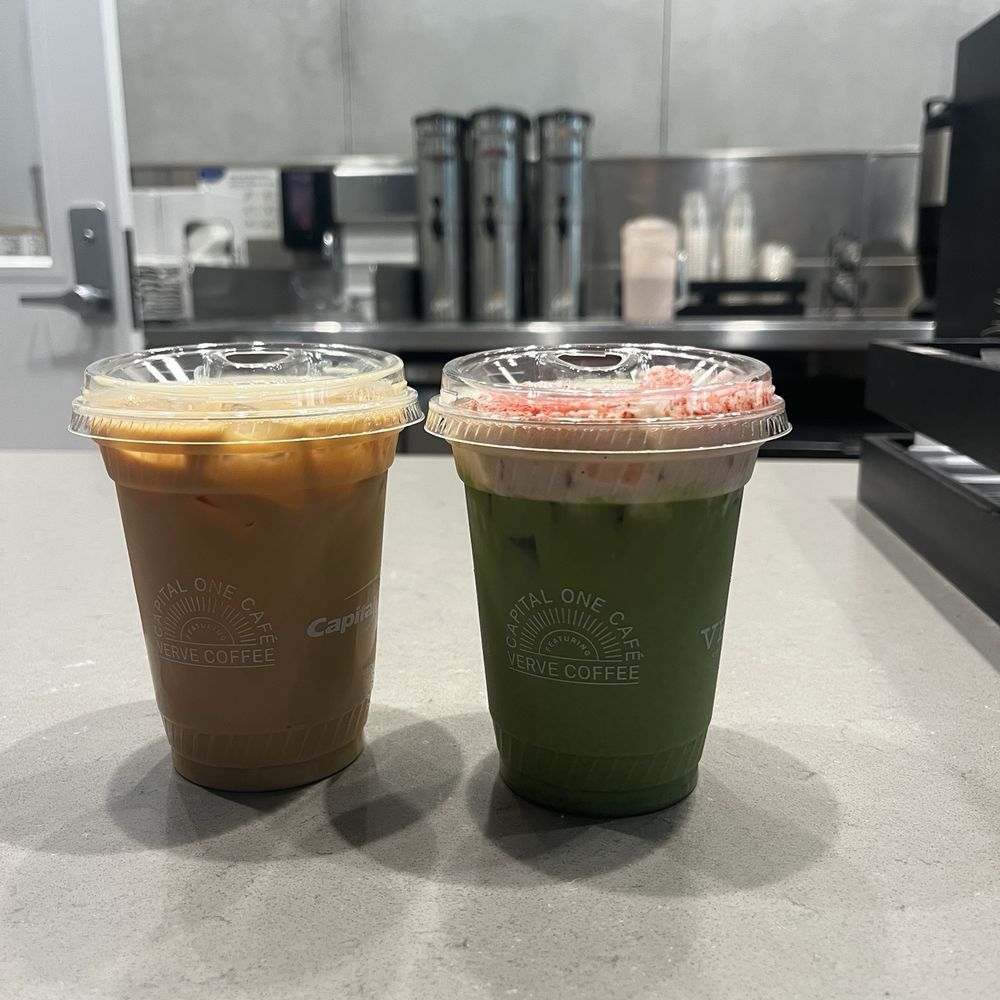 Regular decaf latte and a strawberry Matcha