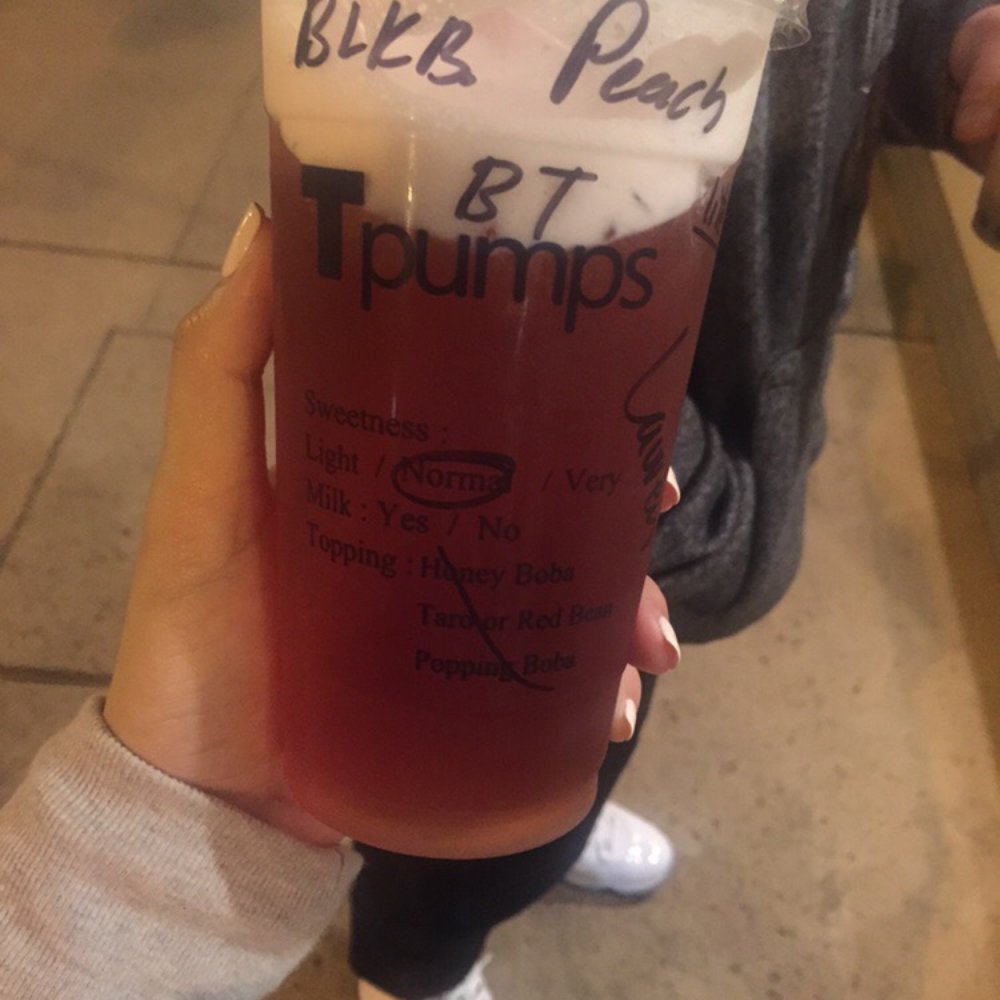 Tpumps - Pasadena - Blackberry peach black tea with the fly legend blue J's in the background :) - Bubble Tea Near Me - Pasadena, California Tpumps - Pasadena - Blackberry peach black tea with the fly legend blue J's in the background :) - Bubble Tea Near Me - Pasadena, California