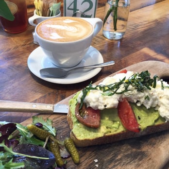 Olive & Thyme - Avocado & burrata toast ($14) plus latte ($4) - Sandwiches Near Me - Toluca Lake, California Olive & Thyme - Avocado & burrata toast ($14) plus latte ($4) - Sandwiches Near Me - Toluca Lake, California