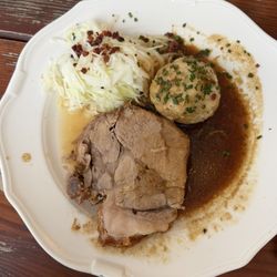 Gasthof zum Neuhaus - Berchtesgaden Pork Roast with dark beer sauce, bacon coleslaw and a bread dumpling. Small portion