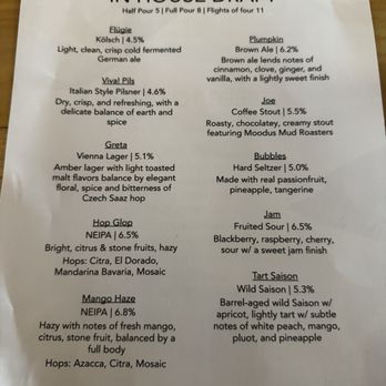 High Nine Brewing - Beer Menu - The menu from High Nine Brewing displays a list of craft beers including IPAs, sours, lagers, and stouts, with detailed descriptions of each beer's flavor profile and alcohol percentage. The menu is printed on white paper with a colorful logo at the top and is organized into sections for different beer styles. - Breweries Near Me - Deep River, Connecticut