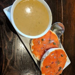 BC bagel with potato and leek soup