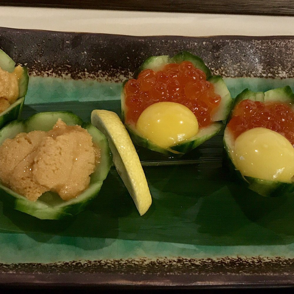 Shumi - Uni (left) - Ikura and quail egg (right) -- the best two bites of the night. - Japanese Near Me - Ridgewood, New Jersey Shumi - Uni (left) - Ikura and quail egg (right) -- the best two bites of the night. - Japanese Near Me - Ridgewood, New Jersey