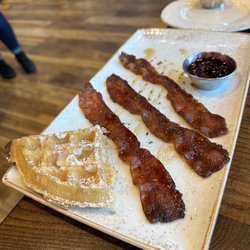 First Watch - Belgian waffle, million dollar bacon and blueberry compote.