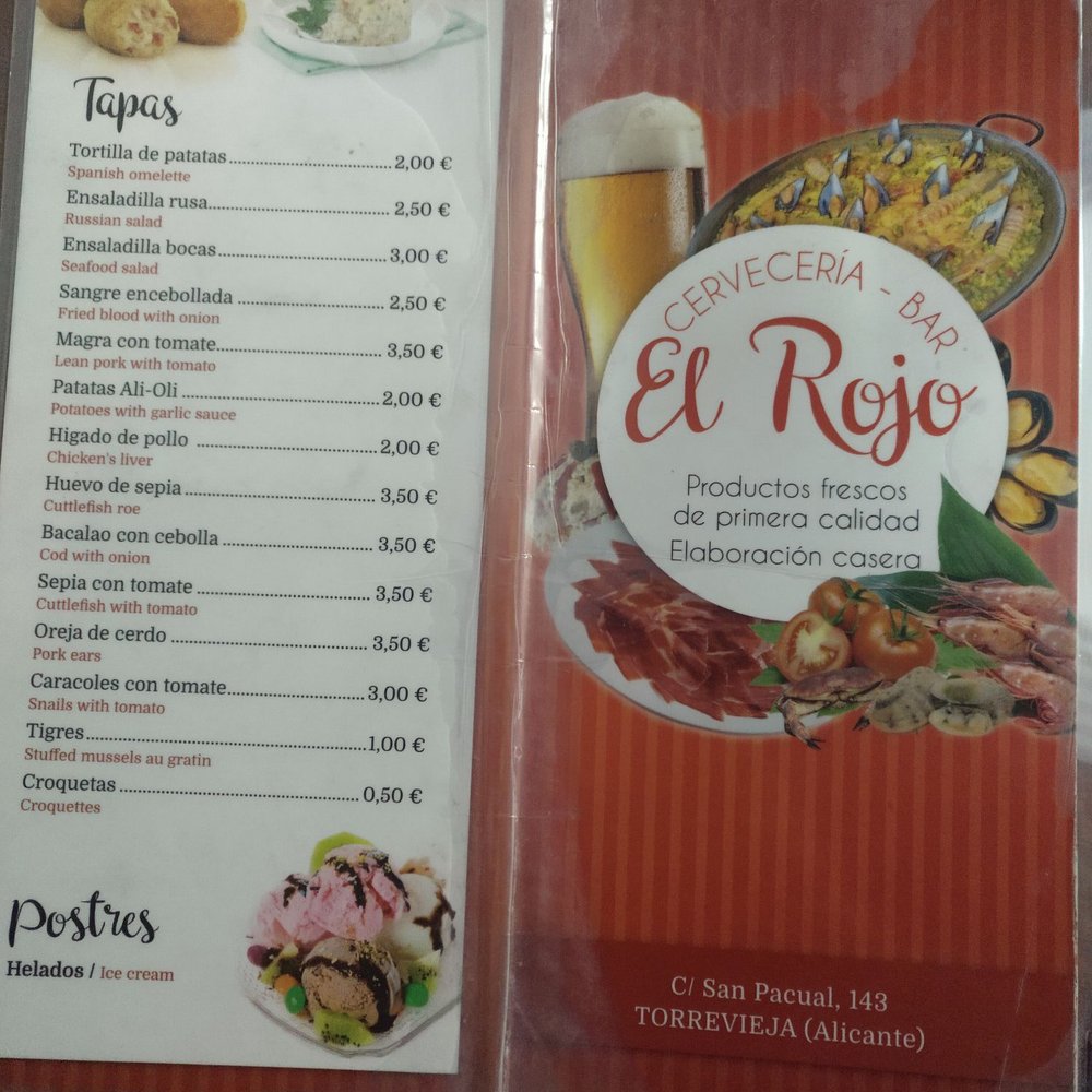 El Rojo - Menu - Spanish Near Me - Torrevieja, A