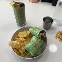 Apple butter matcha latte and a turkey bacon ranch wrap