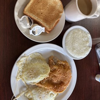The Town House Cafe - Pork chop breakfast with grits, eggs, & toast. - Cafes Near Me - Covington, Georgia
