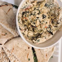 Hot spinach, artichoke, and "tomato" dip.