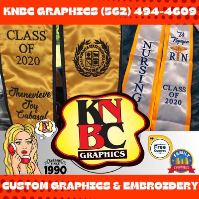 Custom Graphics & Embroidery | Sashes - Embroidery, Screen Printing, Direct Garment Printing, full color process printing for business cards, banners, flyers and more. Call today!