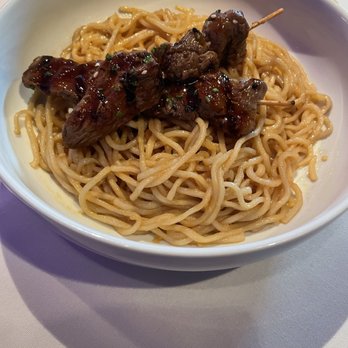AnQi Bistro - Garlic noodles with beef skewers - Asian Fusion Near Me - Costa Mesa, California