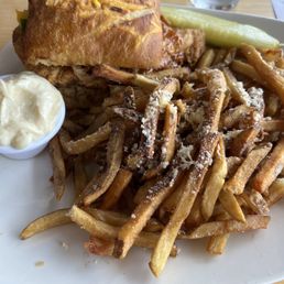 Hot honey and jalapeño fried chicken sandwich with truffle fries Hot honey and jalapeño fried chicken sandwich with truffle fries