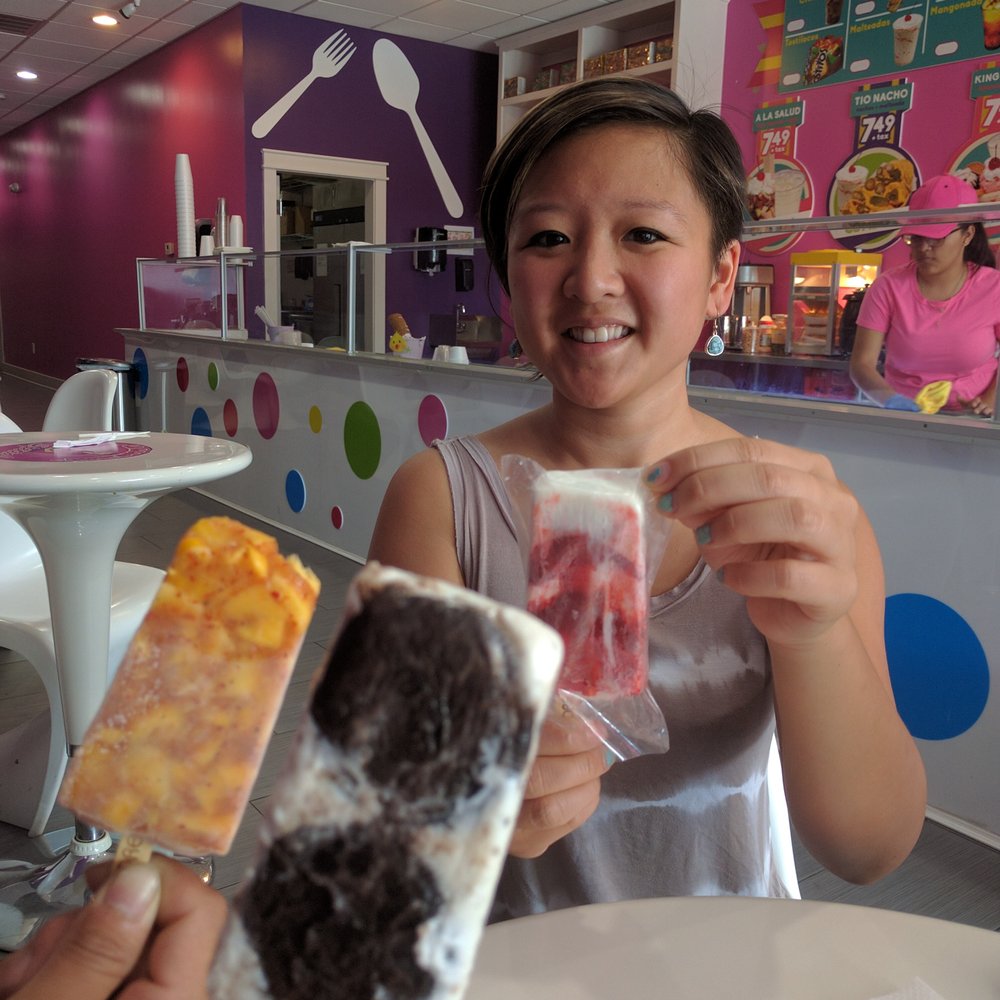Mango+ chili pepper, Oreo, and strawberries and cream flavored popsicles