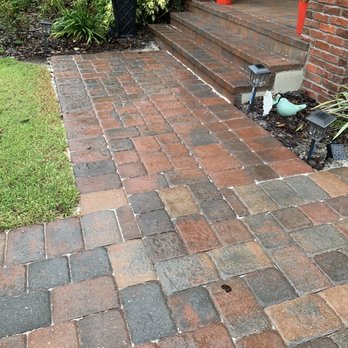 Matao pavers services  - After photo of installed pavers and cleaned/sealed driveway/porch during rain. - Landscaping Near Me - Orlando, Florida