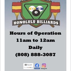 Honolulu Billiards - Hours of operation