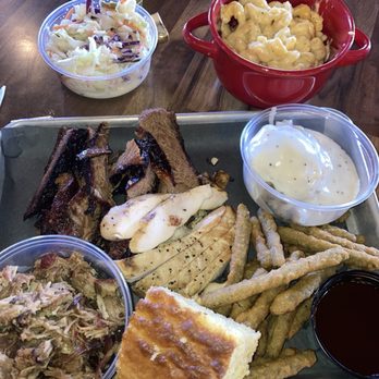 Roy’s Crew BBQ - 3 Meat platter includes two sides. Our family of 4 (two kids) ate and had leftovers! - Salad Near Me - Woodland Park, Colorado Roy’s Crew BBQ - 3 Meat platter includes two sides. Our family of 4 (two kids) ate and had leftovers! - Salad Near Me - Woodland Park, Colorado