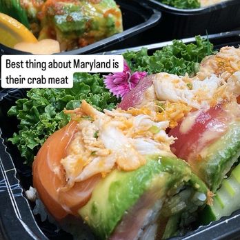 Blue Fish - Alec Roll in front, Long Island roll behind with avocado on top , and dynamite roll in the back with tempura shred. - Japanese Near Me - Ocean City, Maryland Blue Fish - Alec Roll in front, Long Island roll behind with avocado on top , and dynamite roll in the back with tempura shred. - Japanese Near Me - Ocean City, Maryland