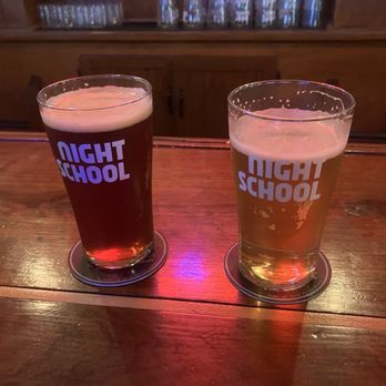 Night School - Delicious beers mine was on the right the West Friend West Coast IPA, so good. She got the red on the left which she enjoyed. - Pizza Near Me - Athens, New York