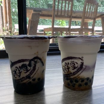 Half and Half Tea Express - Ice Milk w/ Grass Jelly & Honey Boba (left) and Ice Milk w/ Taro Pudding & Honey Boba (right). So much better than Boba Ave Express!!! - Coffee & Tea Near Me - Arcadia, California