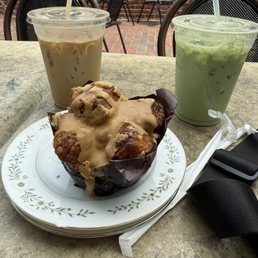 Iced cardamom rose latte, iced lavender matcha latte, and espresso pull apart