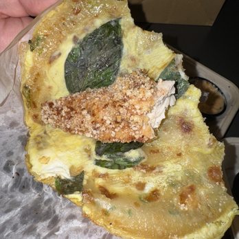 Bopomofo Cafe - Inside of the scallion pancake wrap. Just scallion pancake, basil, chicken. - Cafes Near Me - Irvine, California Bopomofo Cafe - Inside of the scallion pancake wrap. Just scallion pancake, basil, chicken. - Cafes Near Me - Irvine, California