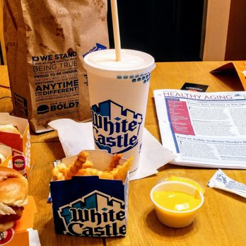 White Castle - three fresh fish sliders, french fries with a cup of cheese and a small chocolate shake. - Burgers Near Me - Homer Glen, Illinois White Castle - three fresh fish sliders, french fries with a cup of cheese and a small chocolate shake. - Burgers Near Me - Homer Glen, Illinois