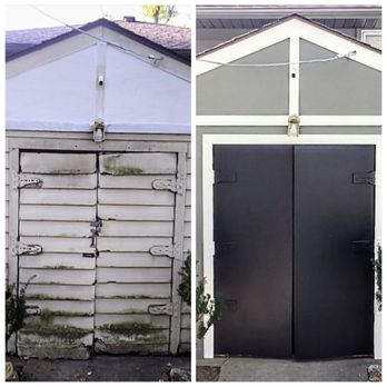 Youngs Painting - Shed needed some love! Rebuilt doors, reskinned old siding, and 3 colors,of Sherwin-Williams, to match the house. - Painters Near Me