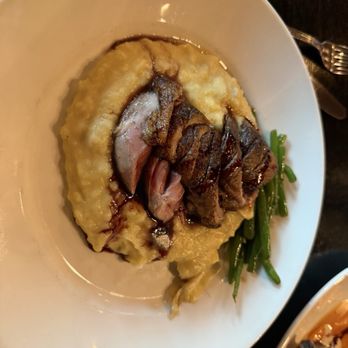 The Gruene Door - Smoked Duck Breast with cherry glaze, garlic mashed potatoes and green beans - New American Near Me - New Braunfels, Texas