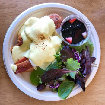 Cafe Morey's - Grilled Bacon Eggs Benedict with salad and yogurt - American Near Me - Honolulu, Hawaii
