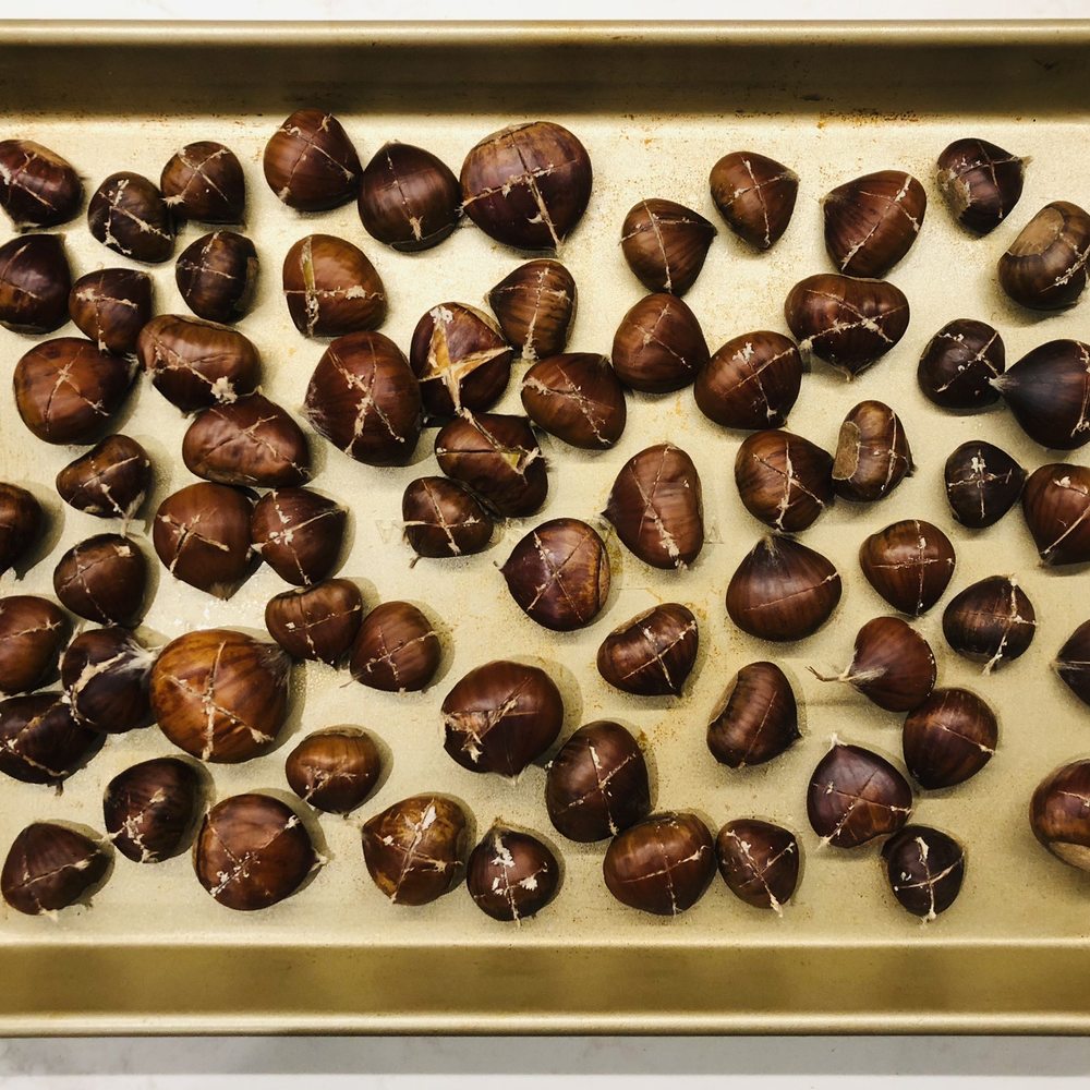 Skyline Chestnuts Orchard - Step 3: Place on oven tray and bake at 425F for about 15 mins. - Pick Your Own Farms Near Me - La Honda, California Skyline Chestnuts Orchard - Step 3: Place on oven tray and bake at 425F for about 15 mins. - Pick Your Own Farms Near Me - La Honda, California