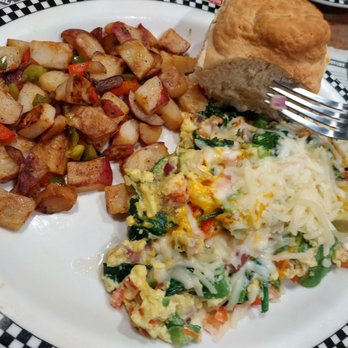 Black Bear Diner North Houston - Omelette scramble with house potatoes and biscuit with a side of purple onion on the fork for extra pleasure. Yum! - American Near Me - Houston, Texas Black Bear Diner North Houston - Omelette scramble with house potatoes and biscuit with a side of purple onion on the fork for extra pleasure. Yum! - American Near Me - Houston, Texas